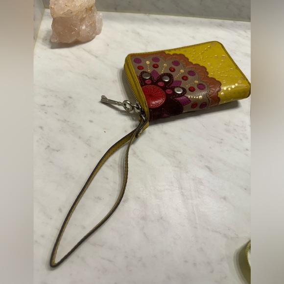 New Vintage Fossil Leather Wristlet Wallet Chartreuse Green Pink & Brown Design - Picture 10 of 11